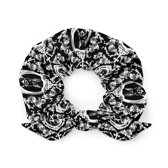 Queen's Beloved Bunny gothic scrunchie in white with lace cameo frames and gothic crosses, front view