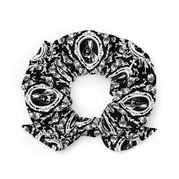 Queen's Beloved Bunny gothic scrunchie in white with cameo-framed bunnies and tiny crowns, back view