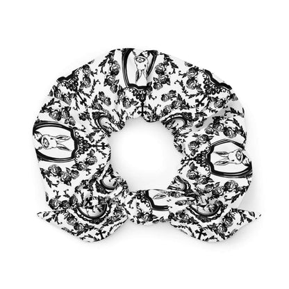 Queen's Beloved Bunny gothic scrunchie in white with damask scrollwork and rose vines, front view