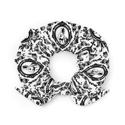 Queen's Beloved Bunny gothic scrunchie in white with velvet bunnies and gothic crosses, back view