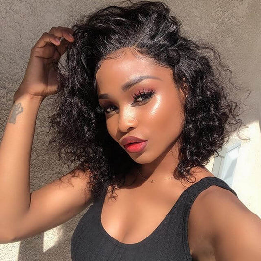 natural black side part short bob wigs, water wave glueless T part lace wigs for Black women