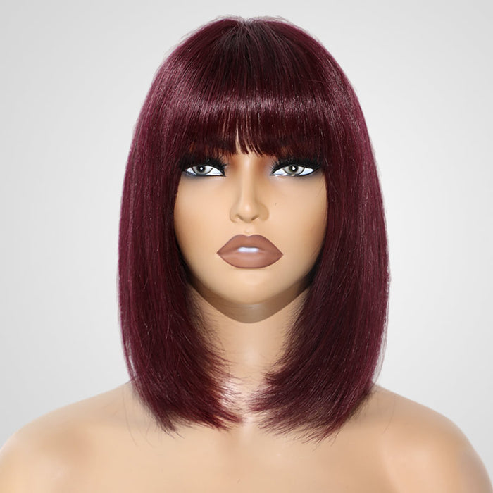 Stylish short bob wig with bangs, 100% human hair, 99J shade