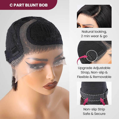 QVR Skunk Stripe Blonde Highlight Short Bob Wig Sliced Cut Straight Human Hair