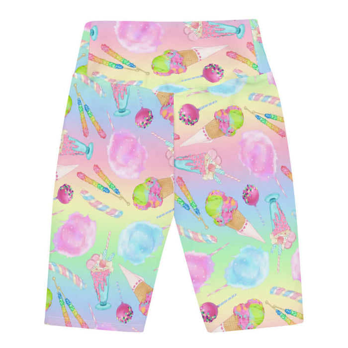 Rainbow Candy kawaii biker shorts in pastel rainbow with striped lollipops and pastel macarons
