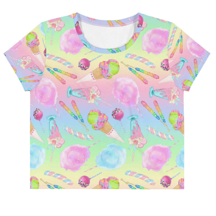 Rainbow Candy kawaii crop top in pastel rainbow with rock candy sticks and cake pops