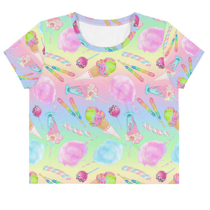 Rainbow Candy kawaii crop top in pastel rainbow with rock candy sticks and cake pops