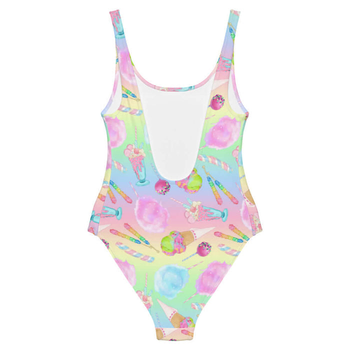 Rainbow Candy kawaii one-piece swimsuit in pastel rainbow with whipped parfaits and rock candy sticks