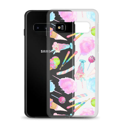 Rainbow Candy kawaii Samsung clear phone case with ice cream cones and whipped parfaits on a pastel rainbow print