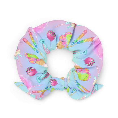 Rainbow Candy kawaii scrunchie in pastel rainbow with cake pops and striped lollipops