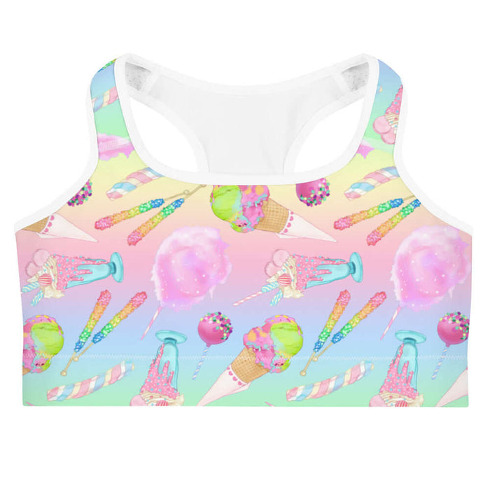 Rainbow Candy kawaii sports bra in pastel rainbow with rock candy sticks and cotton candy clouds