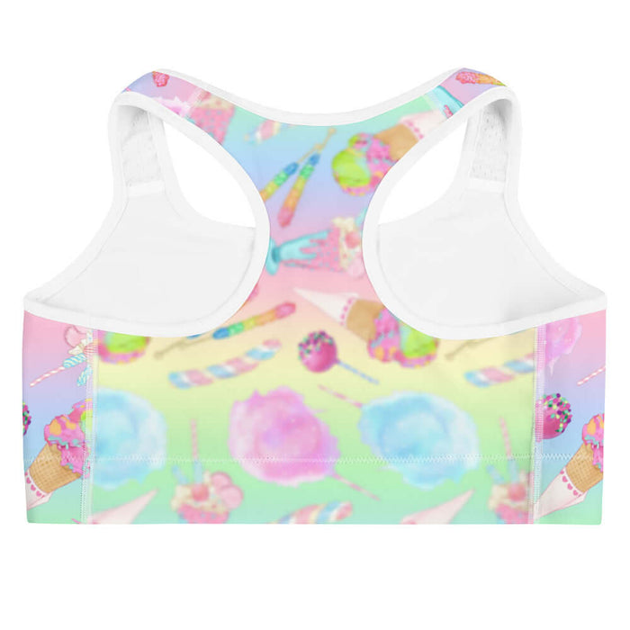 Rainbow Candy kawaii sports bra in pastel rainbow with ice cream cones and cake pops