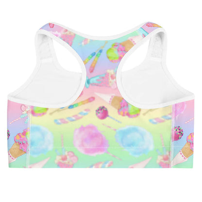 Rainbow Candy kawaii sports bra in pastel rainbow with ice cream cones and cake pops