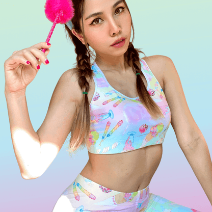 Rainbow Candy kawaii sports bra in pastel rainbow with marshmallow twists and whipped parfaits