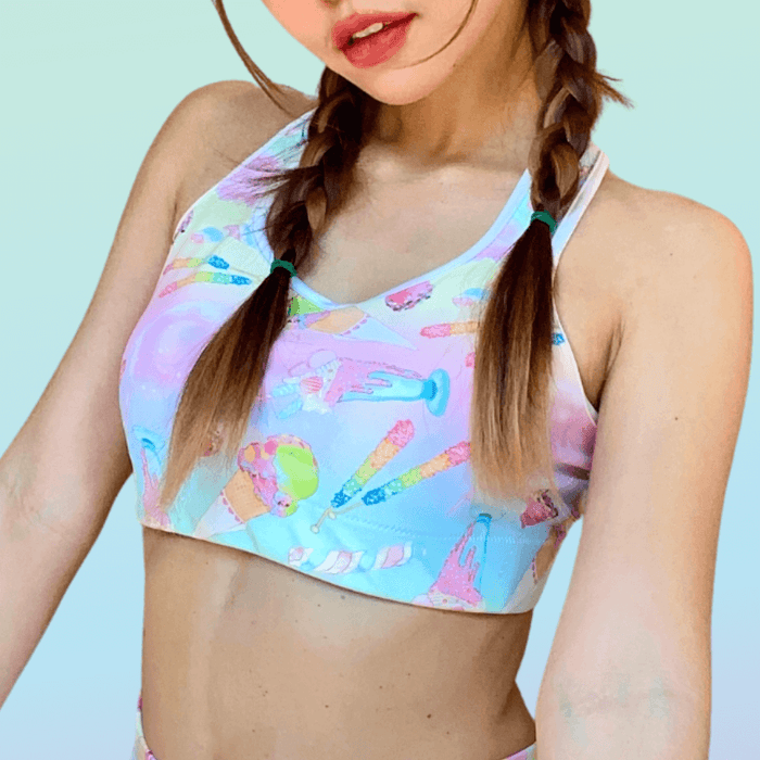 Rainbow Candy kawaii sports bra in pastel rainbow with striped lollipops and pastel macarons