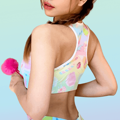 Rainbow Candy kawaii sports bra in pastel rainbow with rock candy sticks and cake pops