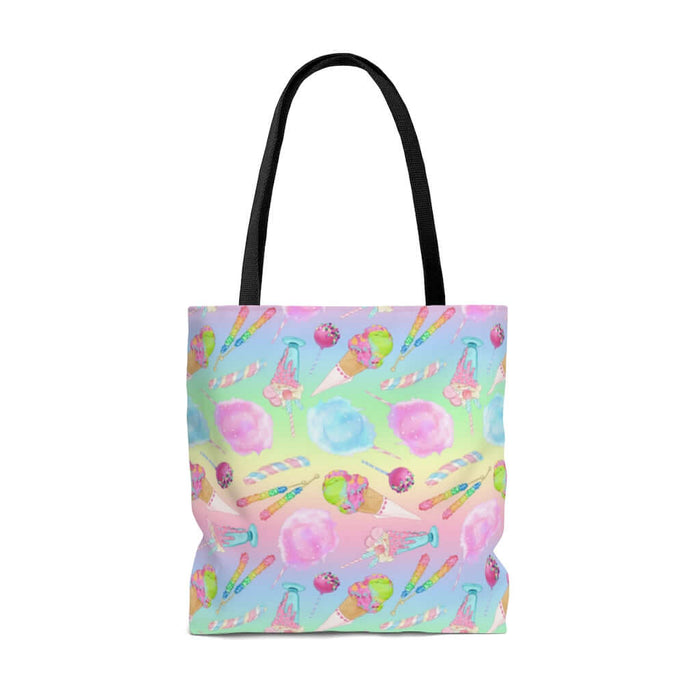 Bright and cheerful Rainbow Candy Tote Bag featuring pastel colors and sweet treat designs, perfect for summer outings.