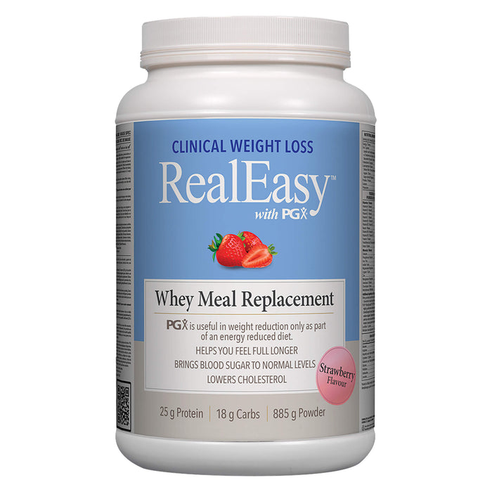 Tub of Natural Factors RealEasy with PGX Whey Meal Replacement Strawberry Flavour 25g Protein 885g Powder