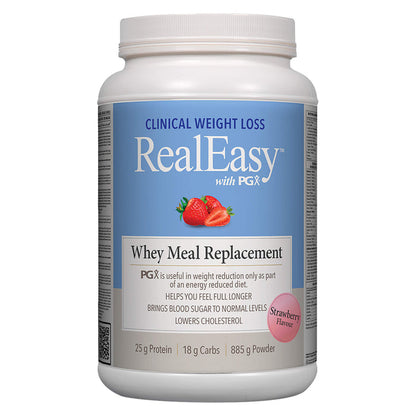 Tub of Natural Factors RealEasy with PGX Whey Meal Replacement Strawberry Flavour 25g Protein 885g Powder