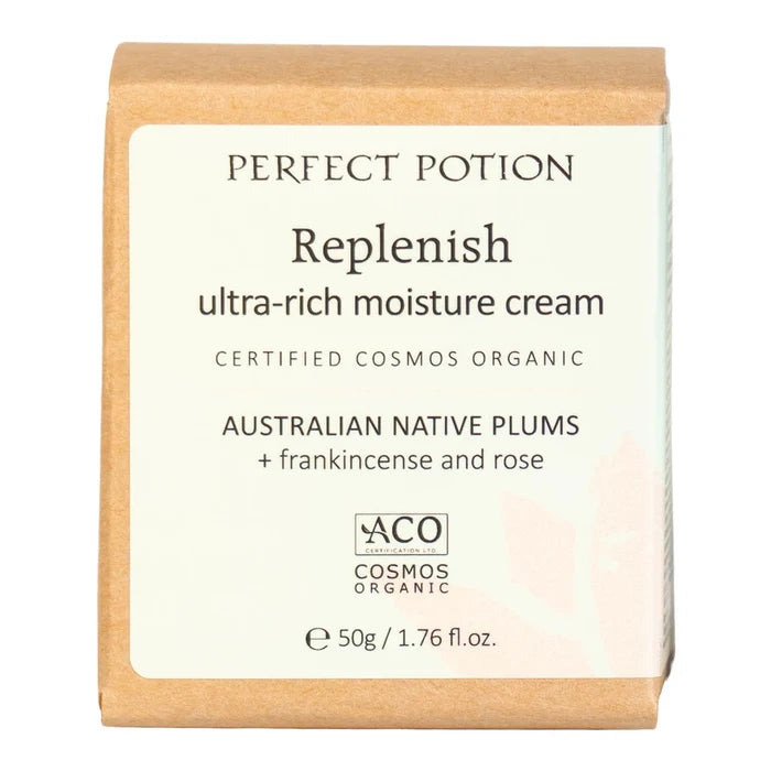 A 50g box of Perfect Potion Replenish ultra-rich moisture cream, featuring a natural cardboard box with a cream-coloured label detailing the Australian Native Plums, frankincense, and rose scent.