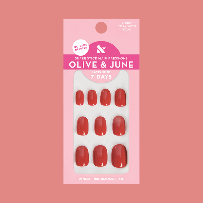 Roar - Tab Press-On | Extra Short | Round in bold pinky red press-on nails with no glue needed for an easy at-home mani
