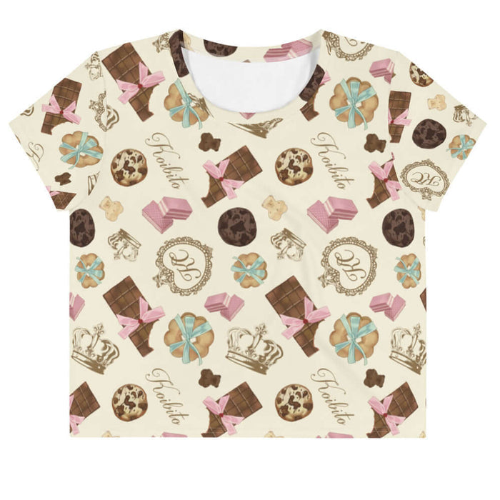 Royal Cookie kawaii crop top in vanilla cream with ribbon-tied cookies and cocoa truffles