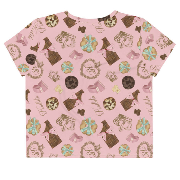 Royal Cookie kawaii crop top in strawberry pink with gilded monogram crests and pink bows