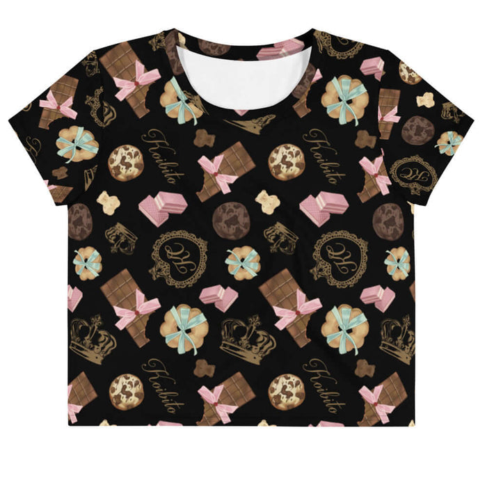 Royal Cookie kawaii crop top in vanilla cream with strawberry wafers and ribbon-tied cookies