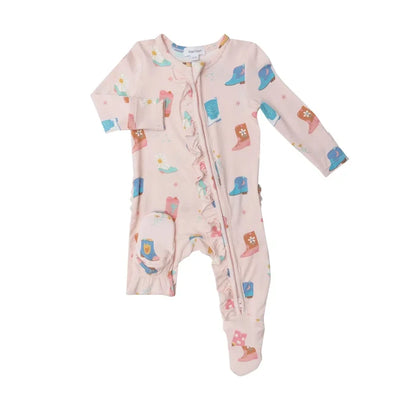 Ruffle Front Zipper Footie - Cowboy Boots Pink | Angel Dear - Jenni Kidz