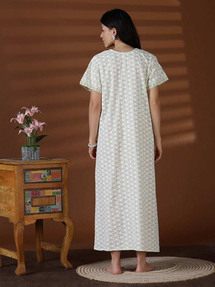 Green comfortable cotton chikankari nighty for women