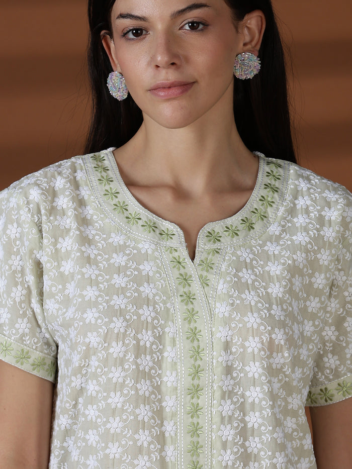 Green comfortable cotton chikankari nighty for women