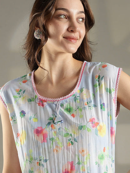 Floral pastel sky sleeveless maxi nightdress for women