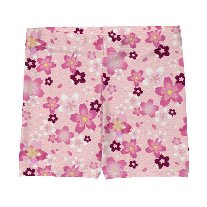 Sakura kawaii shorts in pink with hot-pink cherry blossoms and gold seigaiha waves