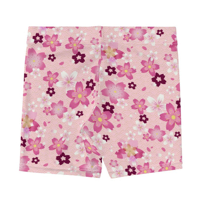 Sakura kawaii shorts in pink with wine-dark blossoms and pale blossom clusters