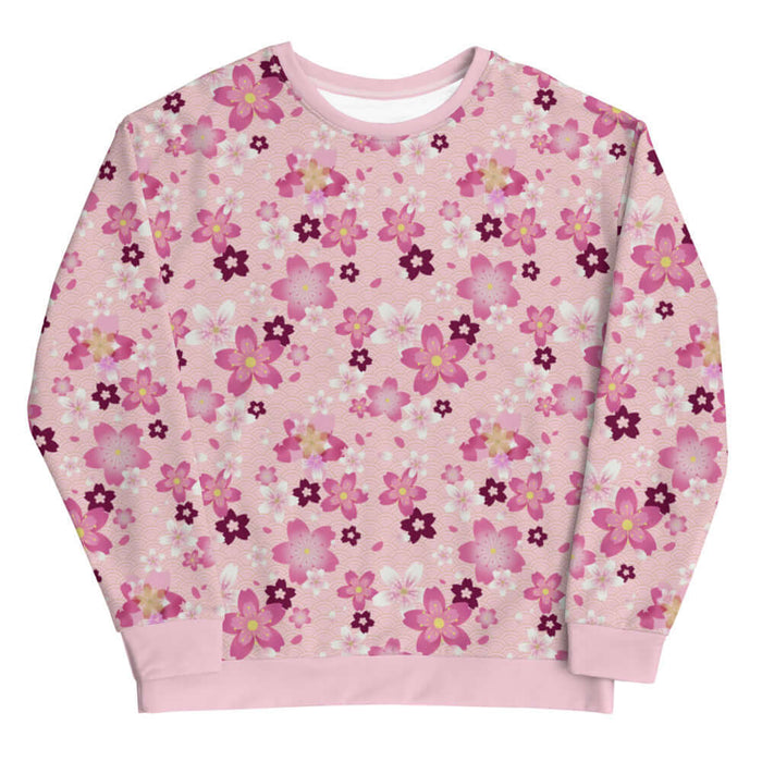 Sakura kawaii sweatshirt in pink with hot-pink cherry blossoms and gold seigaiha waves