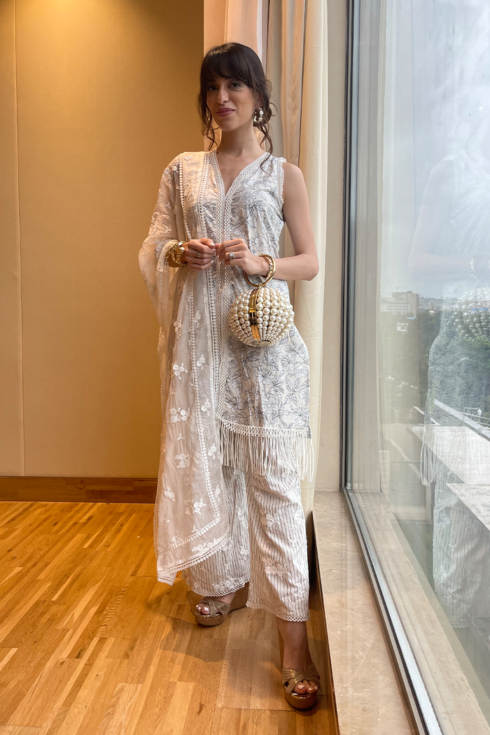Salone Supima Cotton Off White Kurta with Palazzo Set