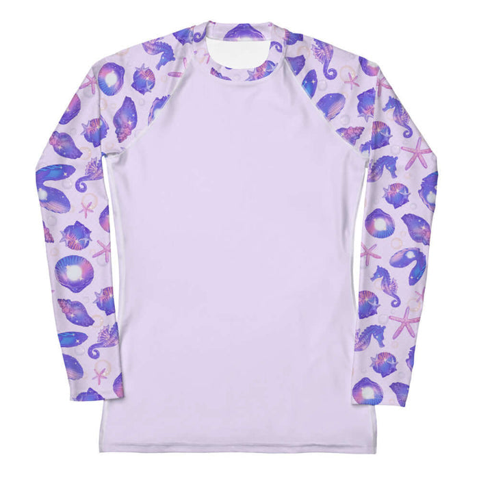 Sea Princess kawaii rash guard with sea stars and scallop shells in pastel blue, pink and purple