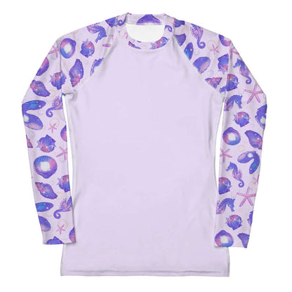 Sea Princess kawaii rash guard with sea stars and scallop shells in pastel blue, pink and purple