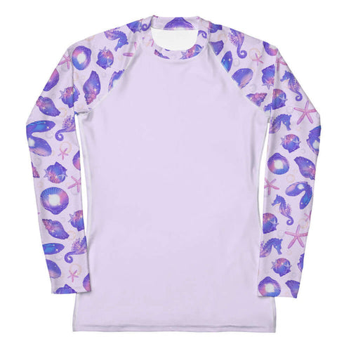 Sea Princess kawaii rash guard with sea stars and scallop shells in pastel blue, pink and purple