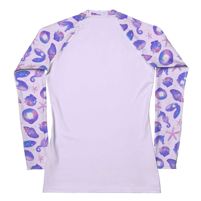Sea Princess kawaii rash guard with seahorses and starfish in pastel blue, pink and purple