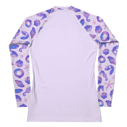 Sea Princess kawaii rash guard with seahorses and starfish in pastel blue, pink and purple