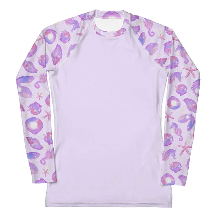 Sea Princess kawaii rash guard with conch shells and scallop shells in pastel blue, pink and purple