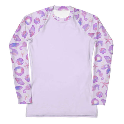 Sea Princess kawaii rash guard with conch shells and scallop shells in pastel blue, pink and purple
