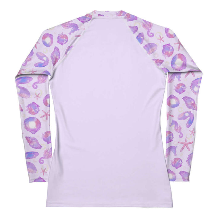 Sea Princess kawaii rash guard with starfish and pearl oyster shells in pastel blue, pink and purple