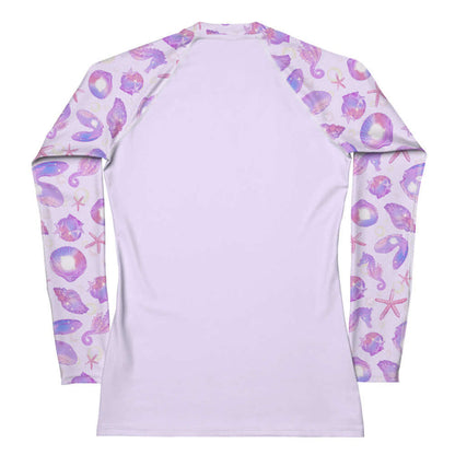 Sea Princess kawaii rash guard with starfish and pearl oyster shells in pastel blue, pink and purple