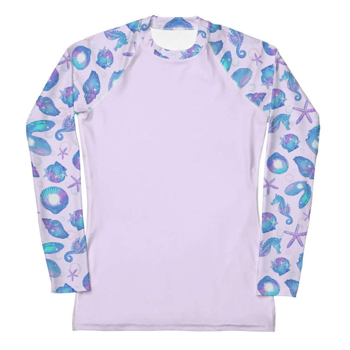 Sea Princess kawaii rash guard with seahorses and conch shells in pastel blue, pink and purple