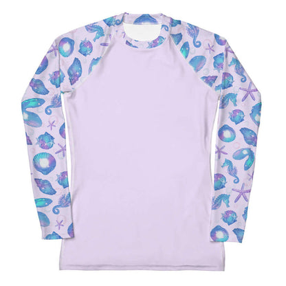 Sea Princess kawaii rash guard with seahorses and conch shells in pastel blue, pink and purple