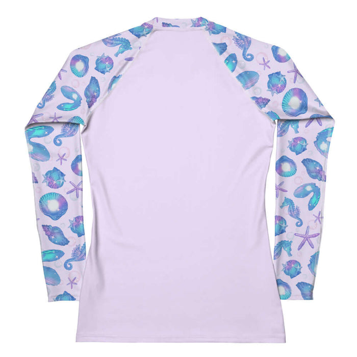 Sea Princess kawaii rash guard with scallop shells and oyster shells in pastel blue, pink and purple