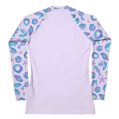 Sea Princess kawaii rash guard with scallop shells and oyster shells in pastel blue, pink and purple