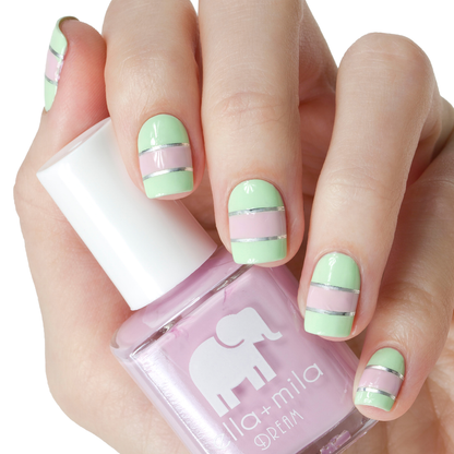 Serendipity pastel pink nail polish with mint green stripe accent nail art
