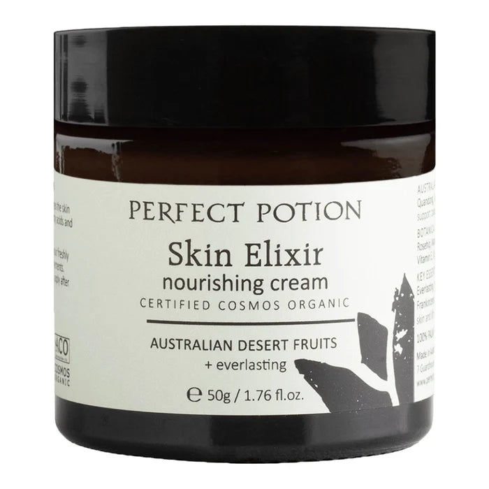 A 50g jar of Perfect Potion Skin Elixir nourishing cream, featuring a dark amber glass container, a black lid, and a cream-colored label with black text and botanical graphics.